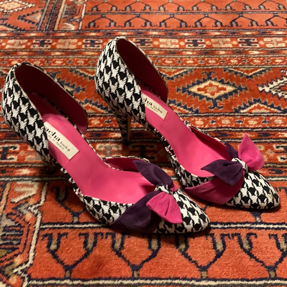 Houndstooth pumps with purple and pink bow detail